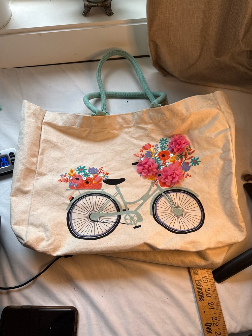Two's Company Cream Canvas Tote with Mint Handles and Floral Bicycle